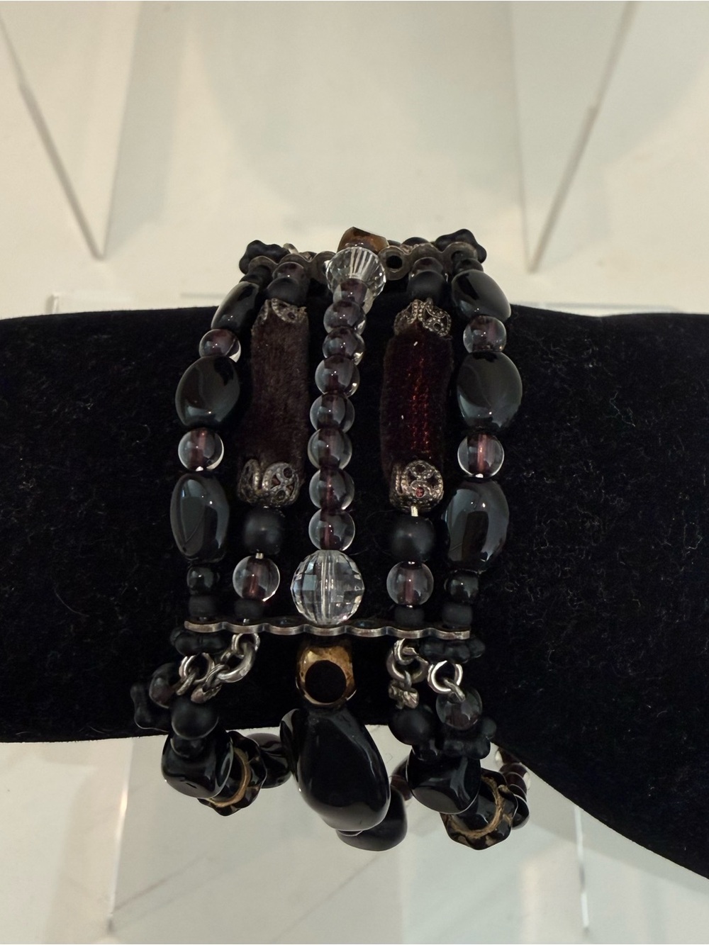 Ayala Bar Black Multi-Strand Beaded Bracelet Signed Statement Jewelry 7”